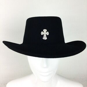 Vintage black 100% wool crushable hat bling cross boho western adult medium